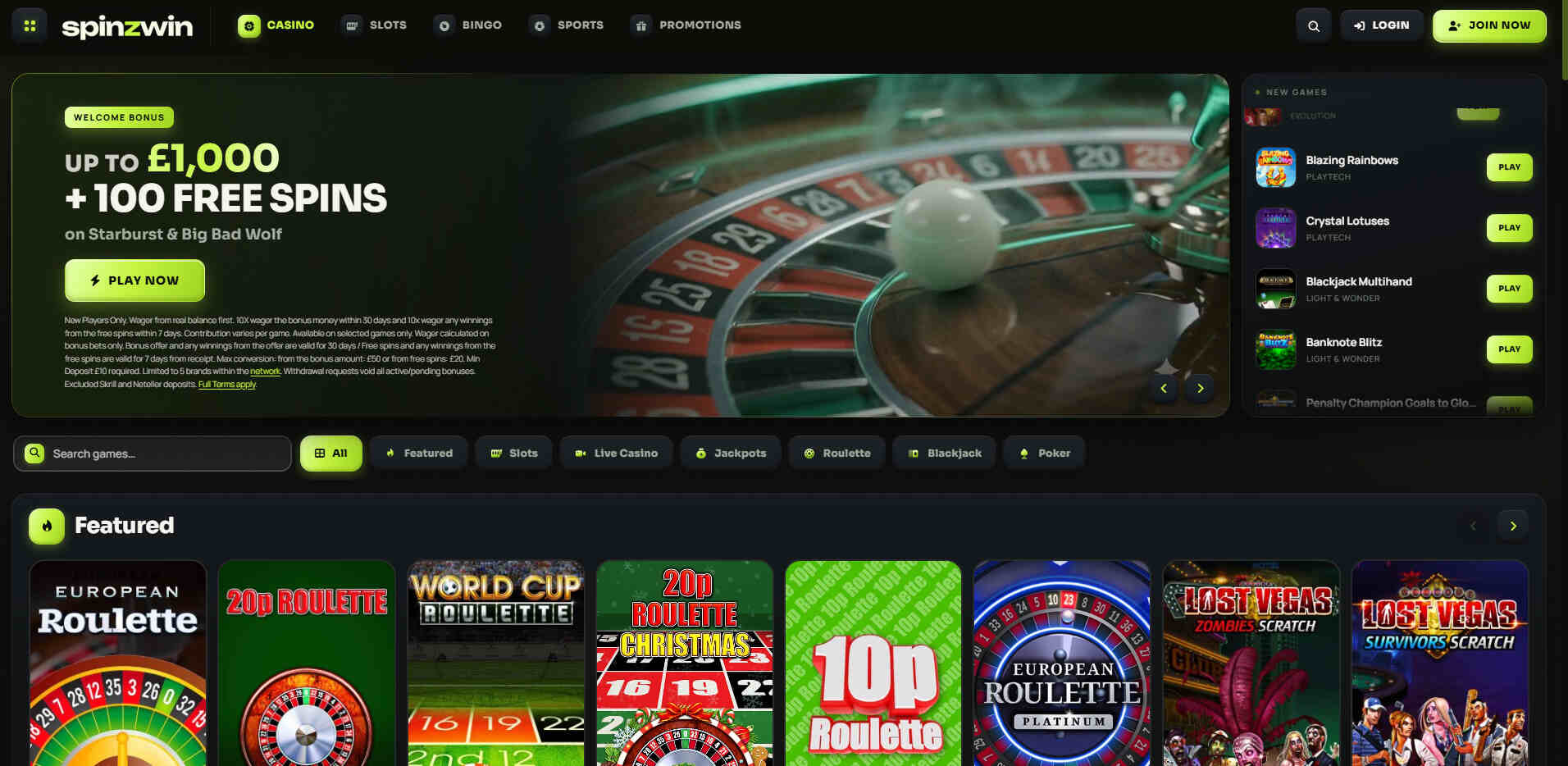 Spinzwin UK Casino Homepage