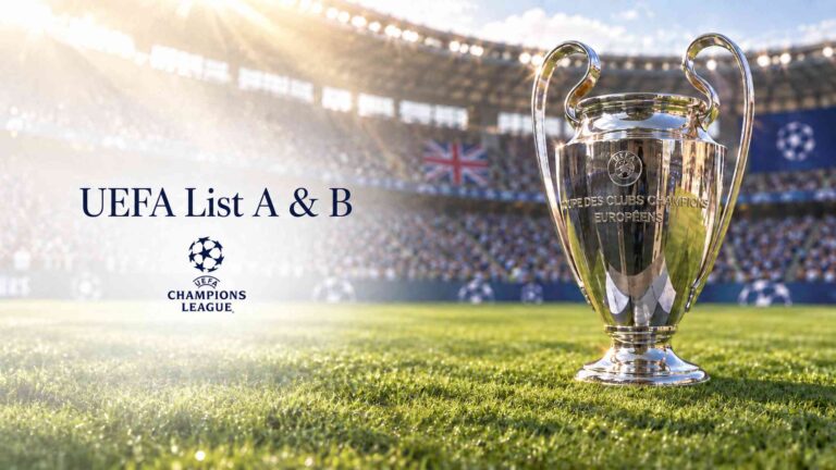 Champions League trophy on a pitch