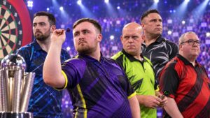 Illustrated of Luke Littler, Michael van Gerwen, Luke Humphries, Gerwyn Price and Stephen Bunting