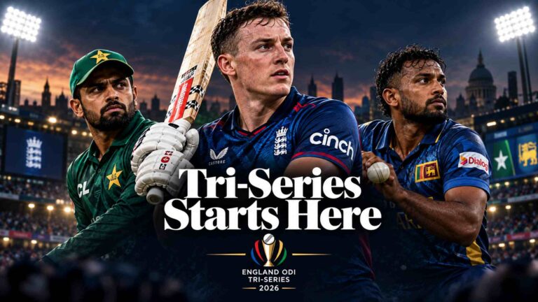 England ODI tri-series 2026, with cricketers England, Pakistan and Sri Lanka.
