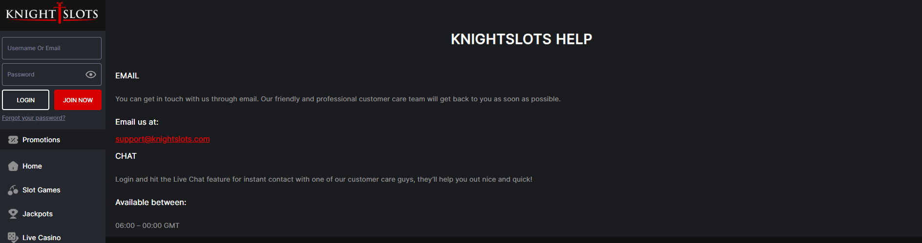 Knightslots Casino UK Customer Support pc