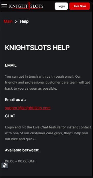 Knightslots Casino UK Customer Support