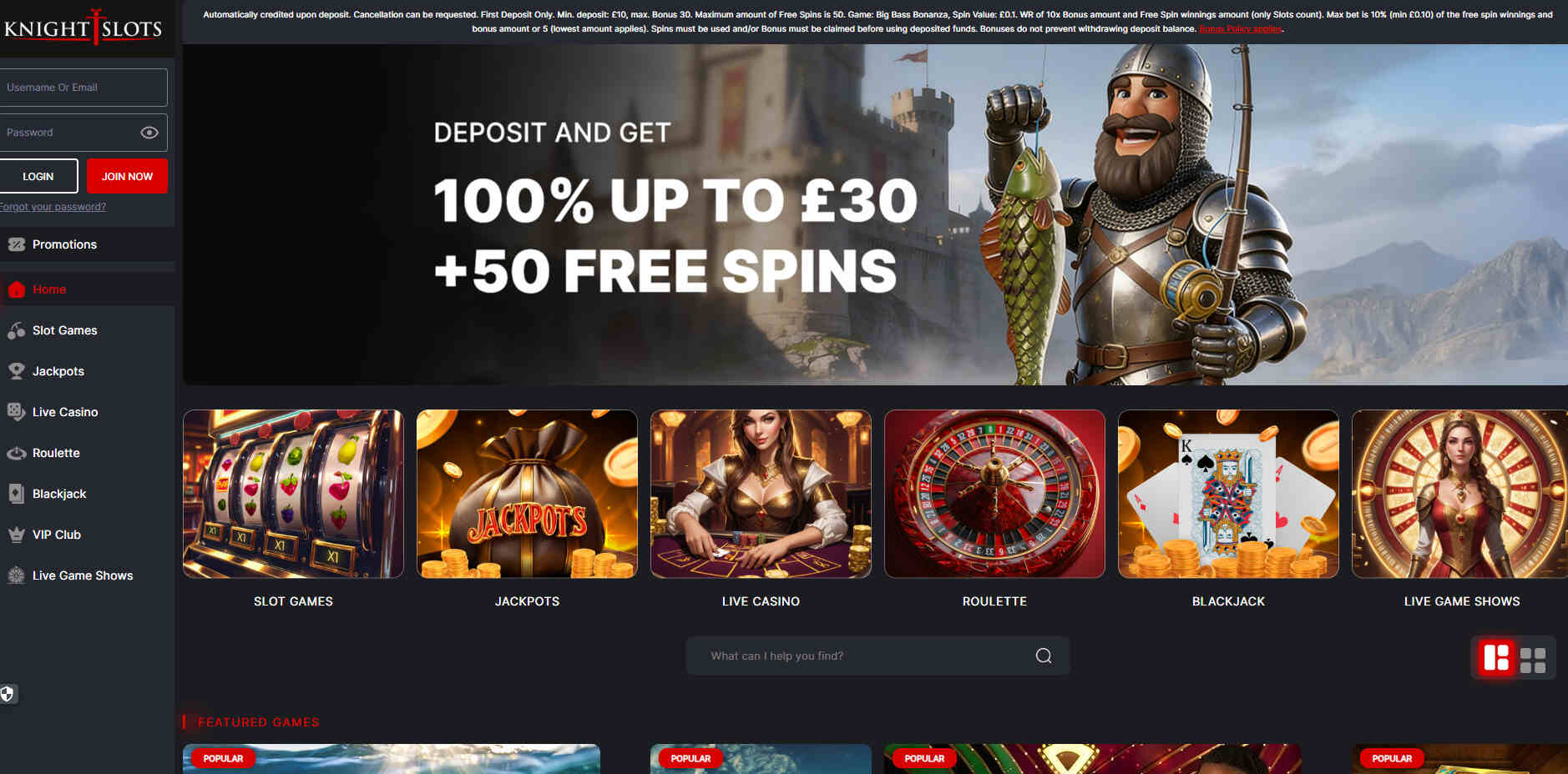 Knightslots Casino UK Homepage pc