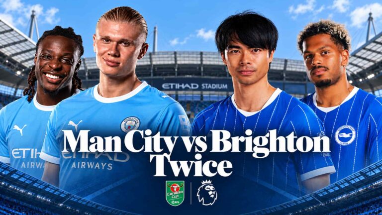 Jérémy Doku and Erling Haaland alongside Kaoru Mitoma and Georginio Rutter at the Etihad Stadium