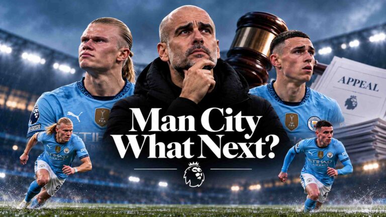 Manchester City manager Pep Guardiola with Erling Haaland and Phil Foden “Man City What Next?”