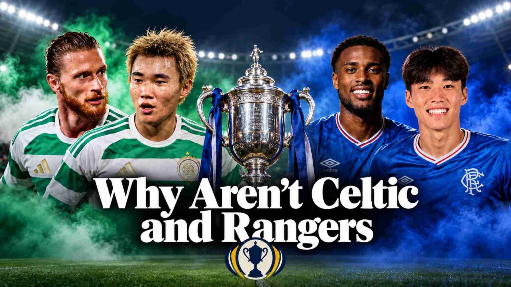 Celtic and Rangers players alongside the Scottish Cup