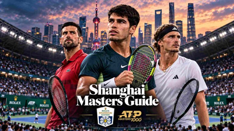 Shanghai Masters Guide graphic featuring Carlos Alcaraz, Novak Djokovic and Alexander Zverev